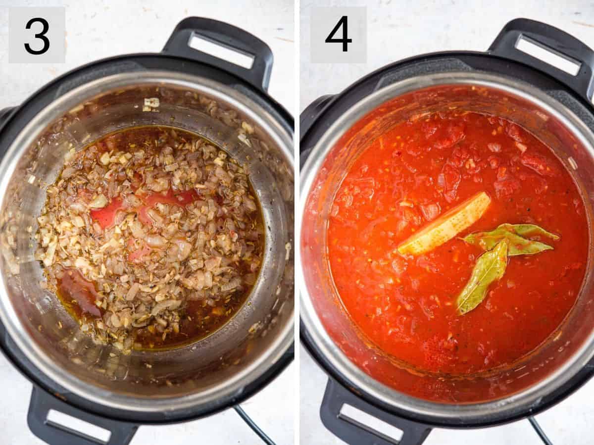 Two photos showing how to make tomato pasta sauce in an instant pot