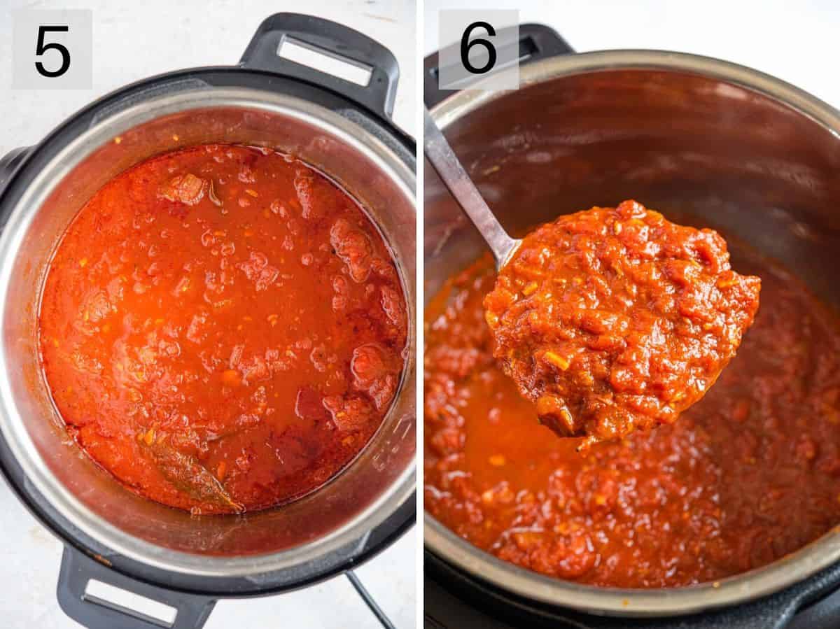 Two photos showing instant pot spaghetti sauce cooked and ready to serve
