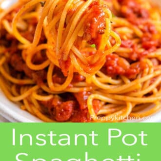 Pinterest graphic of noodles coated in Instant pot spaghetti sauce on a fork.