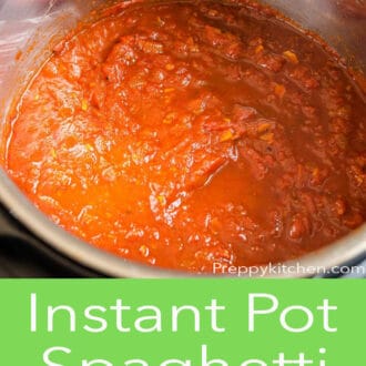 Pinterest graphic of Instant pot spaghetti sauce in the pot.