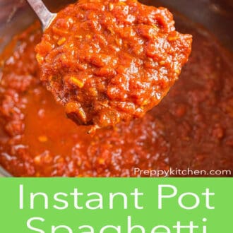 Pinterest graphic of a ladle of Instant pot spaghetti sauce lifted from the pot.