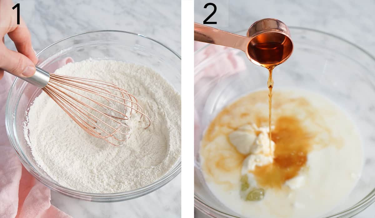 Dry ingredients for lemon blueberry cake batter getting mixed.