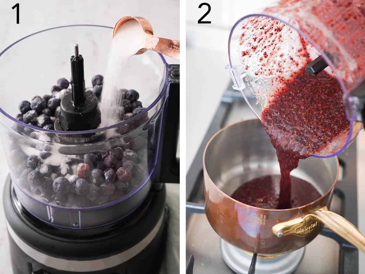 A blueberry reduction getting mixed and heated.