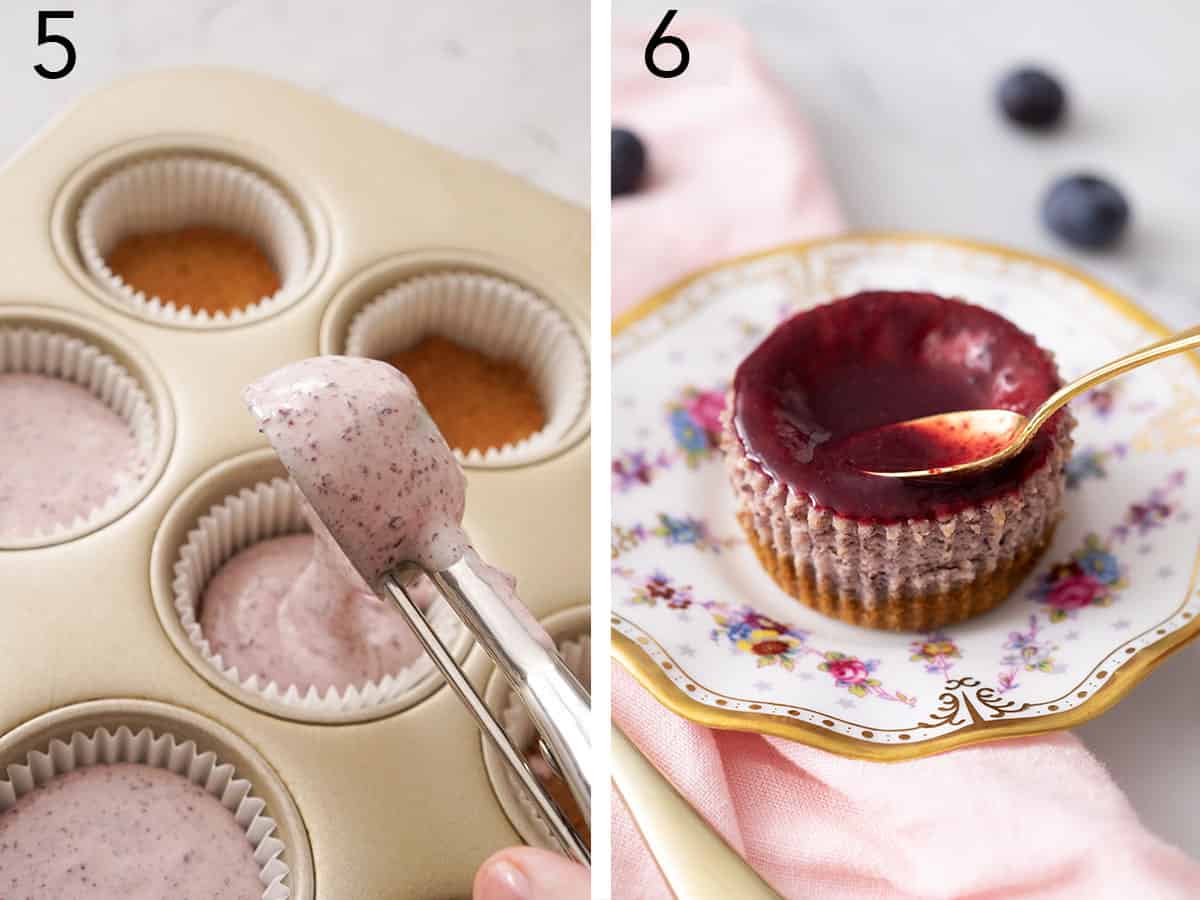 Blueberry cheesecake filling pouring into prepared cupcake papers.