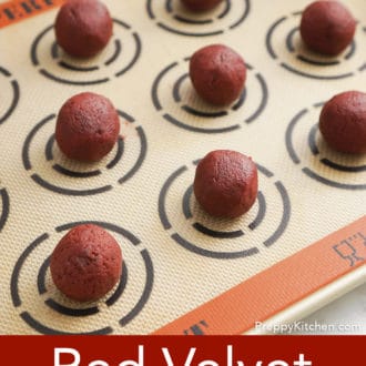 Pinterest graphic of rolled red velvet cookie dough on a silpat.