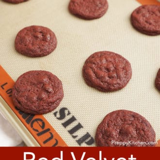Pinterest graphic of red velvet cookies on a silpat.