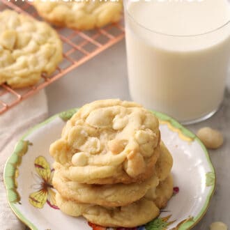 Pinterest graphic showing a glass of milk next to some white chocolate macadamia nut cookies.