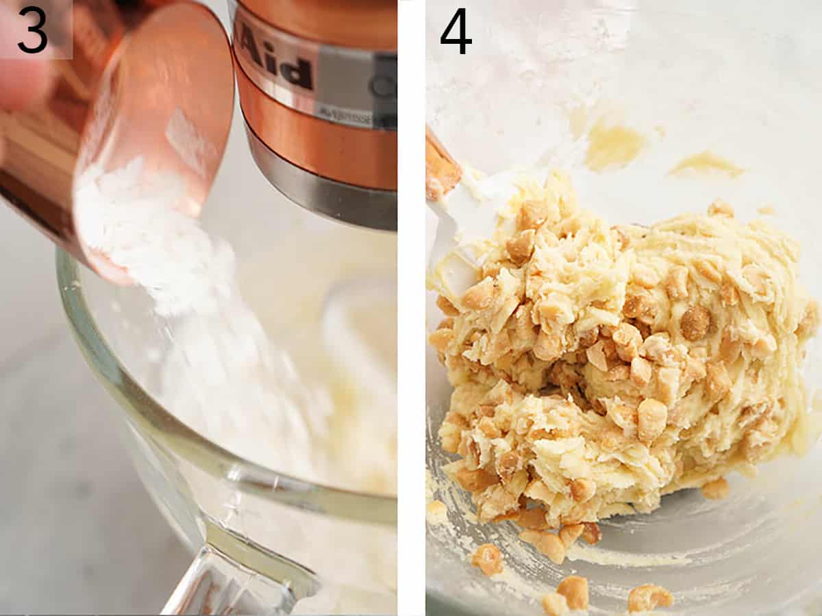Set of two images showing cornstarch added and cookie dough mixed.