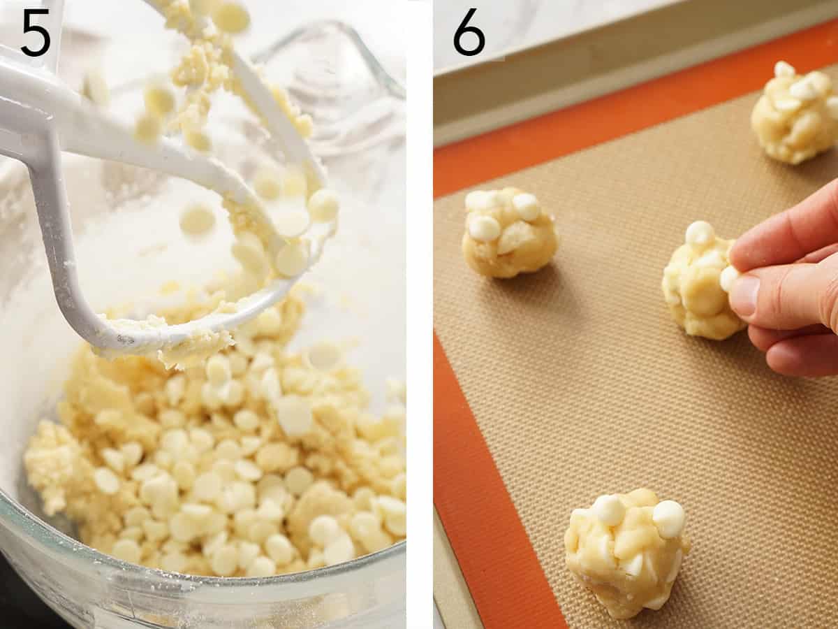 Set of two images showing chocolate chips added to cookie dough, and more pressed into rolled cookie dough balls.