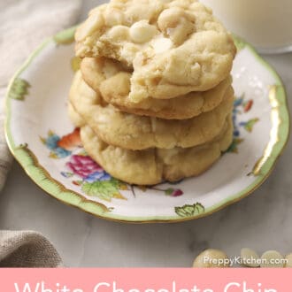 Pinterest graphic showing three White chocolate chip macadamia nut cookies on a porcelain plate.