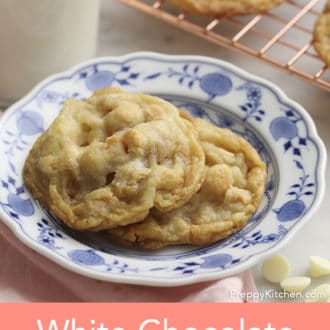 Pinterest graphic showing white chocolate macadamia cookies on a plate.