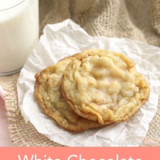 Pinterest graphic showing white chocolate macadamia cookies on white paper.