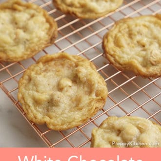 Pinterest graphic showing white chocolate macadamia cookies on a cooling rack.