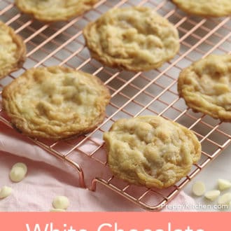 Pinterest graphic showing white chocolate macadamia cookies on a cooling rack.