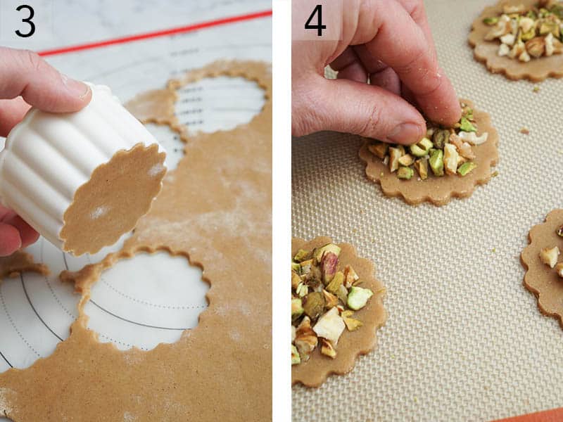 baklava cookie dough getting cut and covered with chopped nuts.