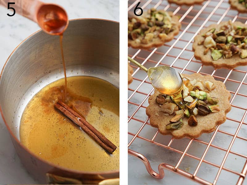 Flavored honey getting drizzled onto baklava cookies.