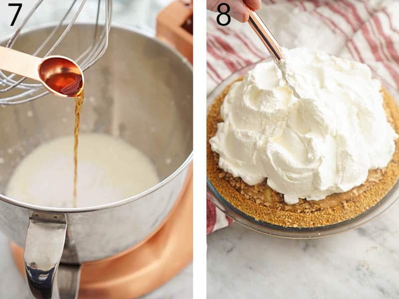 Whipped cream being piled high onto a chilled banoffee pie.