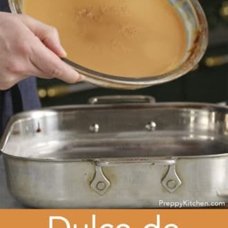 glass pie dish full of dulce de leche