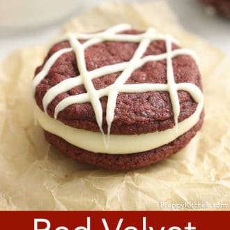 Pinterest graphic of a red velvet cookie on parchment.