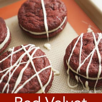 Pinterest graphic of red velvet cookies on a silpat being drizzled with melted chocolate.