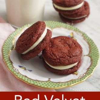 Pinterest graphic of two red velvet cookies on a plate and two stacked in the back.