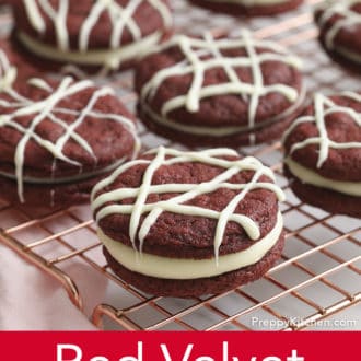 Pinterest graphic of red velvet cookies on a cooling rack.