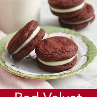 Pinterest graphic of two red velvet cookies on a plate with two in the background.