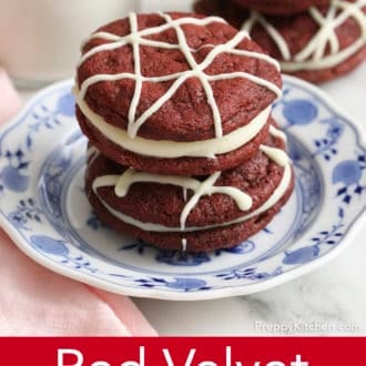 Pinterest graphic of a stack of two red velvet cookies on a plate.