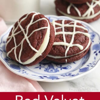 Pinterest graphic of two red velvet cookies on a plate, drizzled with white chocolate.