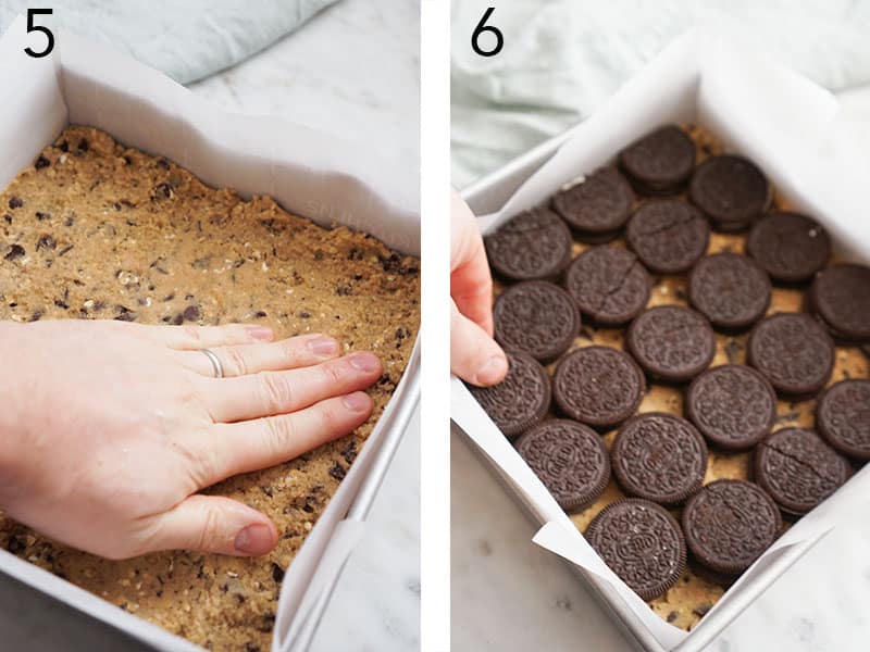 Cookie dough getting topped with Oreos as slutty brownies are assembled