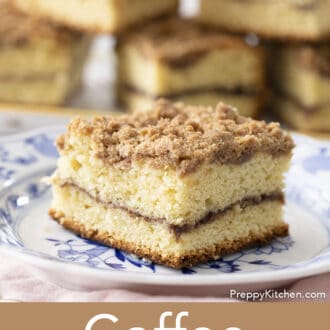Pinterest graphic of coffee cake with a streusel topping on a plate.