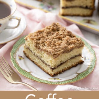 Pinterest graphic of a piece of coffee cake with a streusel topping on a plate with a fork beside it.