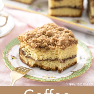 Pinterest graphic of a piece of coffee cake with a streusel topping with a bite taken out.