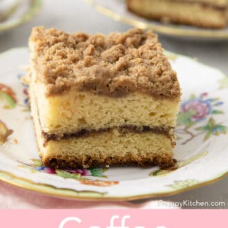 Pinterest graphic of a piece of coffee cake with a streusel topping on plate.