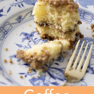 Pinterest graphic of coffee cake in the process of being eaten.