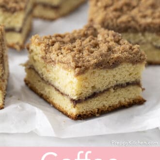 Pinterest graphic of pieces of coffee cake on parchment paper.