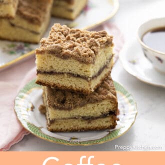 Pinterest graphic of two pieces of coffee cake with a streusel topping stacked on top of each other.