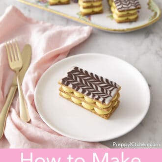 A Mille Feuille on a white round plate.