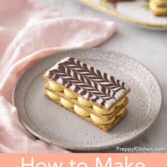 A Mille Feuille on a grey plate.