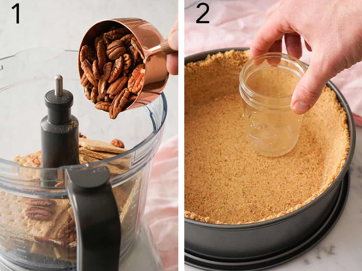 A Graham cracker crust for a No Bake Strawberry Cheesecake getting mixed and pressed.