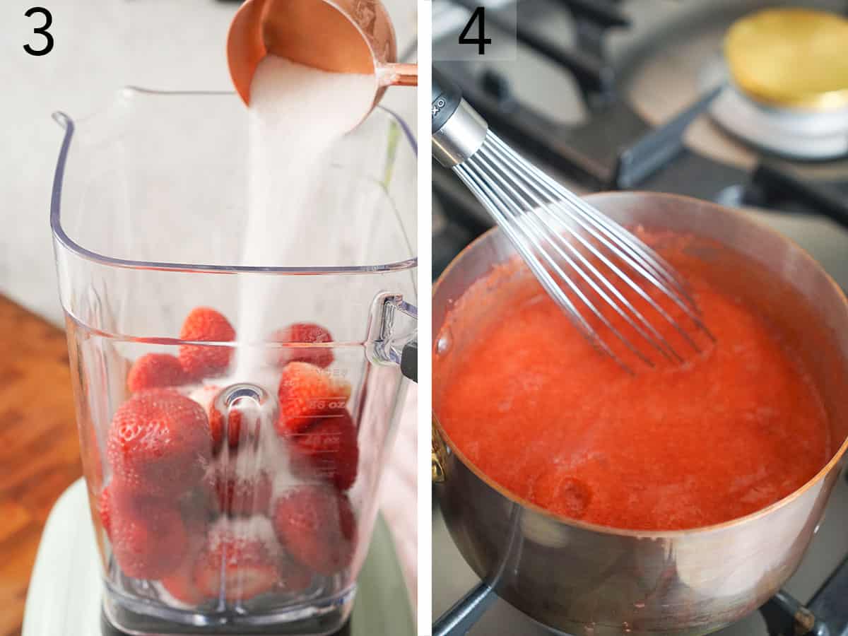 A strawberry reduction for a No Bake Strawberry Cheesecake being made.