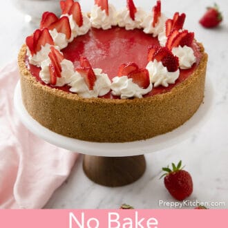 no bake strawberry cheesecake on a stand