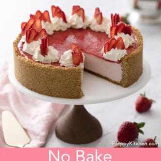 no bake strawberry cheesecake on a stand