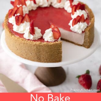 no bake strawberry cheesecake on a stand