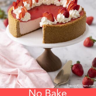 no bake strawberry cheesecake on a stand