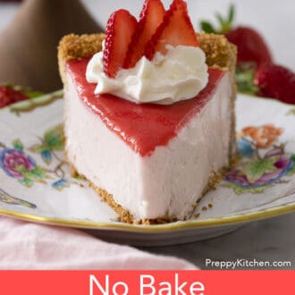 Piece of no bake strawberry cheesecake on a plate
