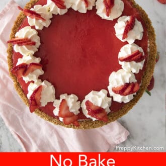 no bake strawberry cheesecake with pink napkin in background