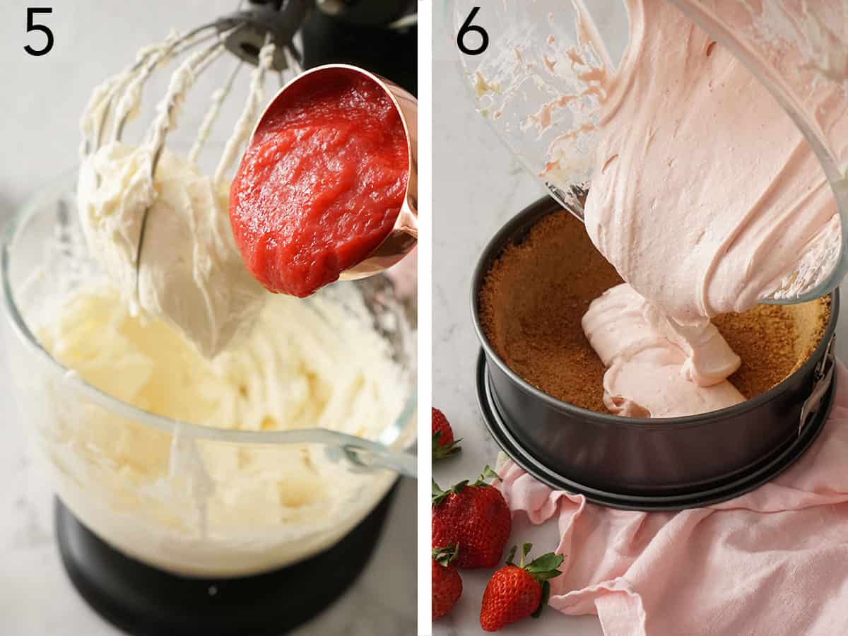 Strawberry reduction mixing into cheesecake batter.