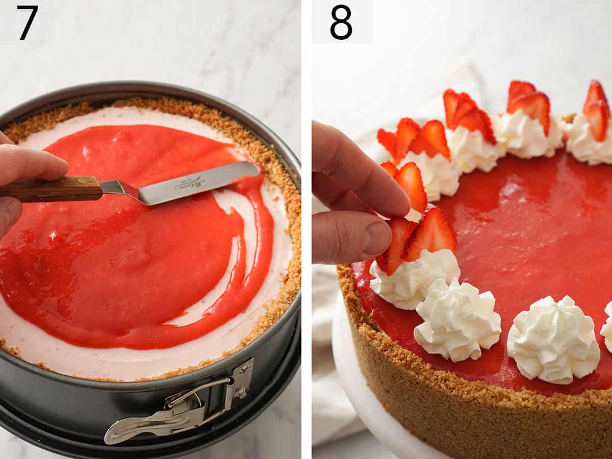 A No Bake Strawberry Cheesecake getting decorated with whipped cream dollops and strawberry slices before serving.