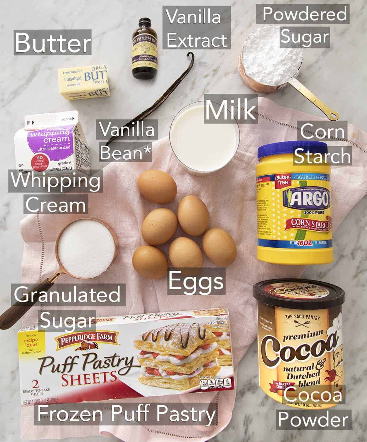 Ingredients for making mille feuille on a counter.